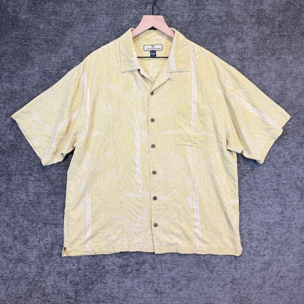 Tommy Bahama Silk Camp Shirt Tropical‎ Palm Yellow Size Large